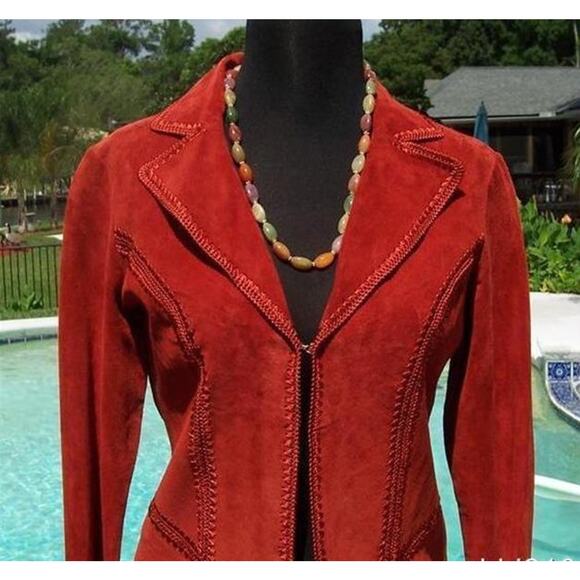 Cache Rust Suede Leather Peek-A-Boo Crochet Insert Jacket Top New $248 NWT - Picture 4 of 9